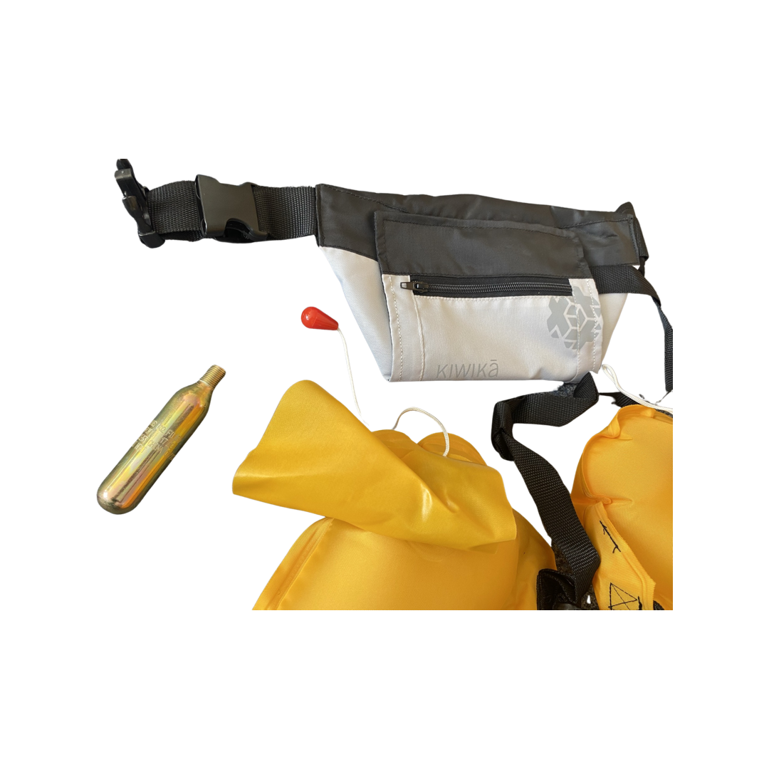 kiwika Ola lifebuoy in bum bag format inflated and deflated with CO2 cartridge