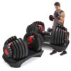 A set of adjustable dumbbells on a rack with a person lifting one dumbbell in an exercise pose. The dumbbells are black with red accents and display adjustable weight settings.