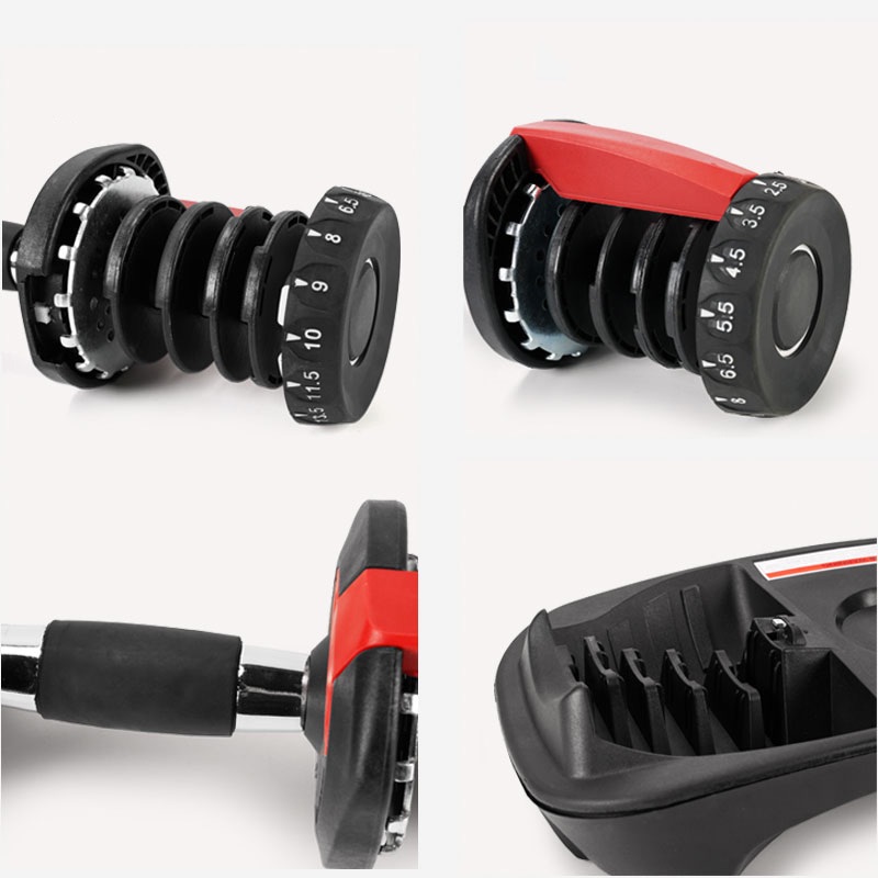 A set of adjustable dumbbells shown from multiple angles, highlighting the weight selection dial, locking mechanism, handle, and storage tray with numbered weight settings.