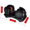 A black adjustable dumbbell with multiple weight plates, placed on a base. Red and black dial for adjusting weight is visible. Image includes measurements: 23 cm tall, 40 cm long, and 21 cm wide.