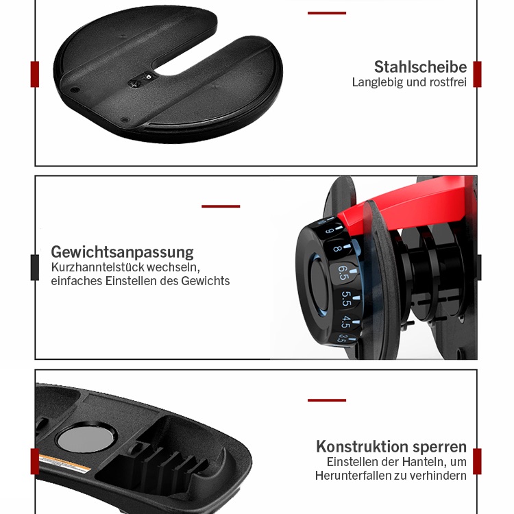 Three product close-ups: a black steel plate, a dial for weight adjustment, and a handle lock mechanism, with German text describing durability, easy weight change, and safety features.