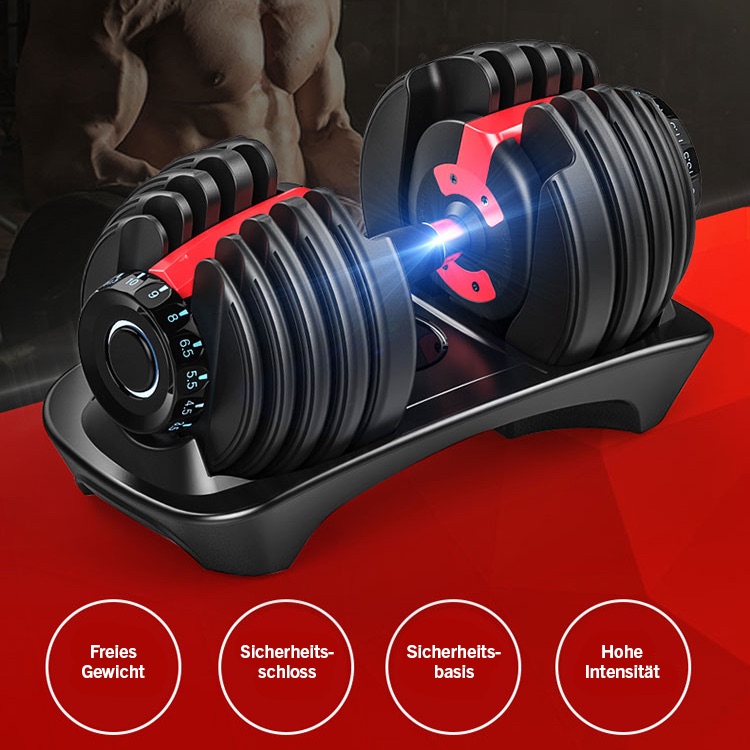 A pair of adjustable dumbbells with numbered dials on a black stand. Blue light highlights the adjustment mechanism. Four German text labels at the bottom describe features like weight, safety, and intensity.