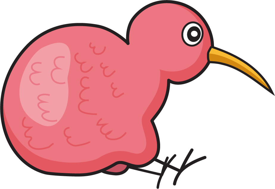 Kiwi Maskottchen rosa sitzend