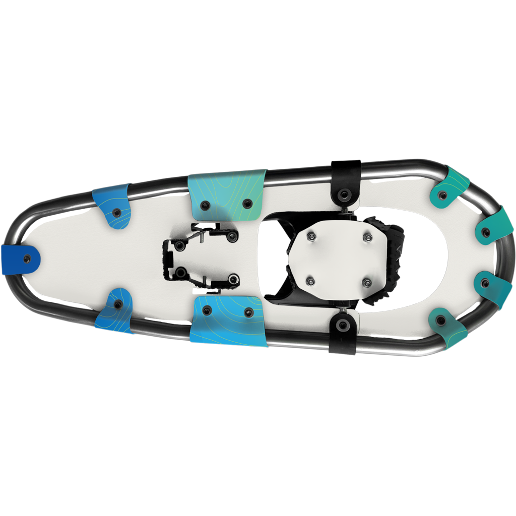 snowshoe featuring a metallic frame design, with adjustable bindings and textural details for grip