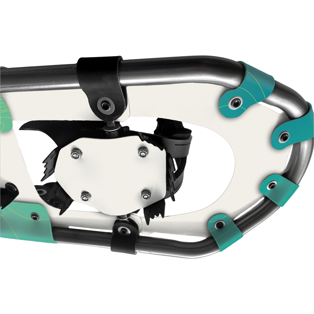 snowshoe featuring a metallic frame design, with adjustable bindings and textural details for grip