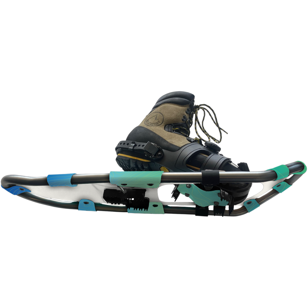 snowshoe featuring a metallic frame design, with adjustable bindings and textural details for grip