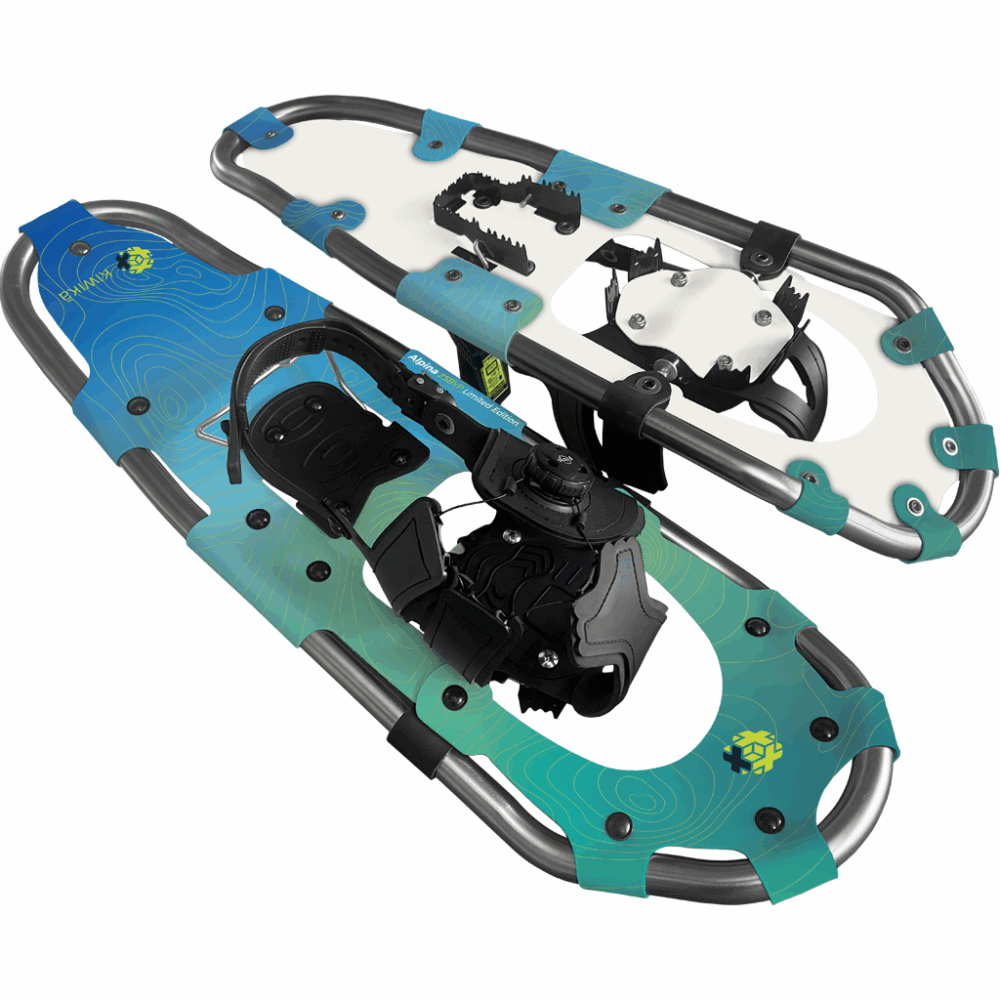 A pair of snowshoes featuring a metallic frame design, with adjustable bindings and textural details for grip