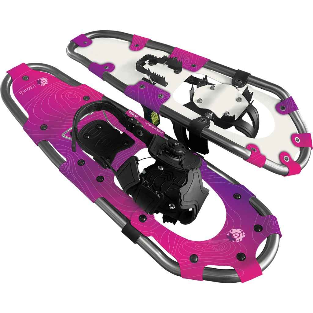 A pair of snowshoes featuring a metallic frame and a bright pink and purple design, with adjustable bindings and textural details for grip, displayed against a white background.