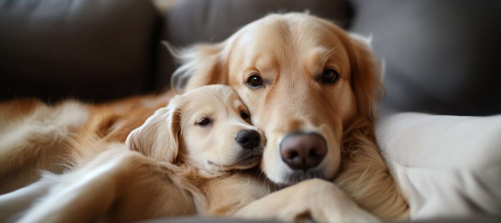 dog showing love to its puppy